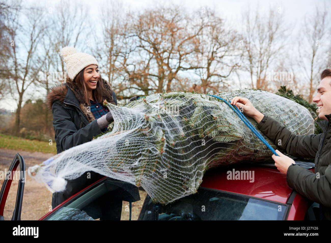 Young couple tying a Christmas tree to the roof of a car Stock Photo Alamy