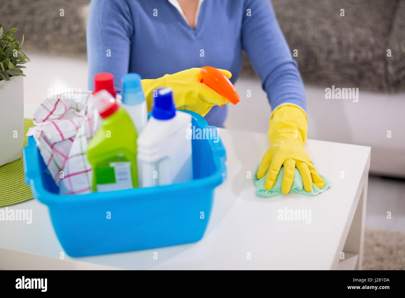 Woman clean table with products for cleaning Stock Photo