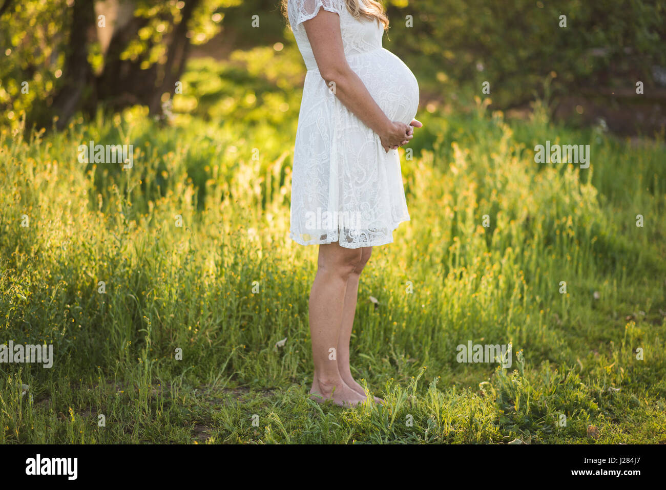 Low section of pregnant woman touching abdomen while standing on grassy field in park Stock Photo