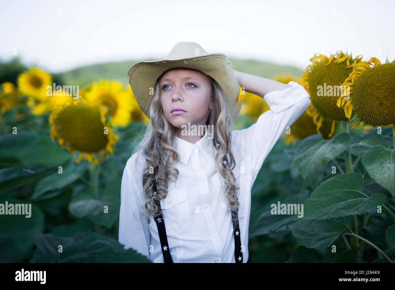Thoughtful cowgirl standing in sunflower field Stock Photo - Alamy