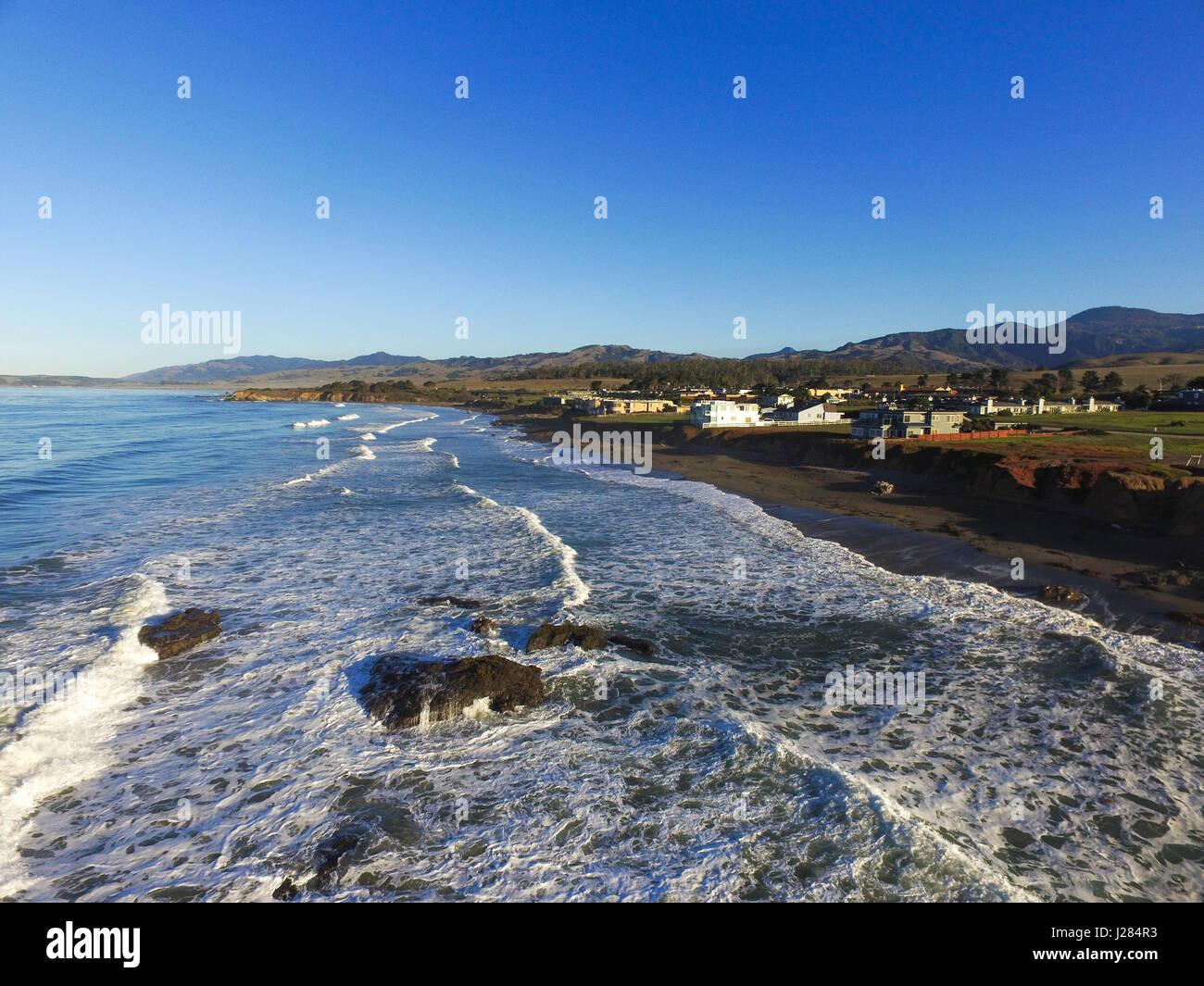 Aerial view just outside the coast at San simeon town, at highway 1, in California, USA Stock Photo