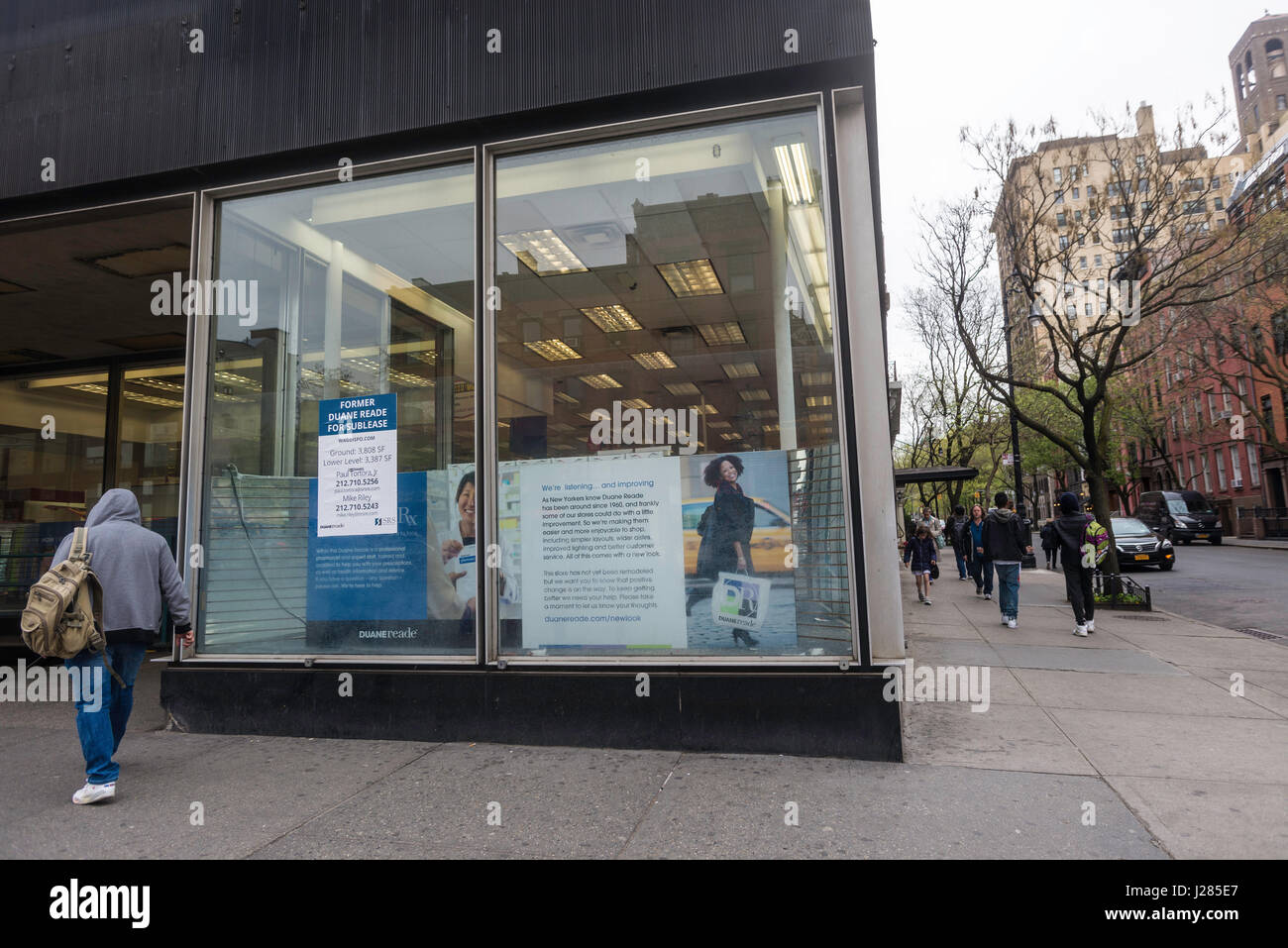 New York, NY, USA 24 April 2017 - A former Duane Reade with the company logo and sign removed continues to attract customers. The regional ever present pharmacutical chain known for having a shop on every other block in the New York City Metropolitan area, began closing some of it's locations this year.  In some instances the parent company, Walgreen's Boots Alliance, cited expiring leases but in this Greenwich Village outlet the company is offering to sublease the space. ©Stacy Walsh Rosenstock Stock Photo