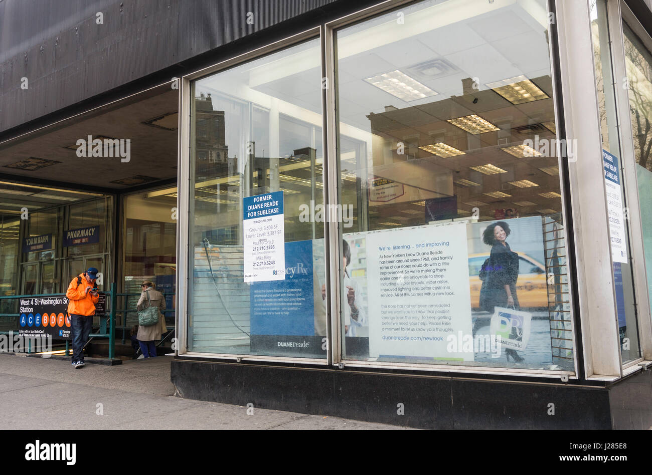 New York, NY, USA 24 April 2017 - A former Duane Reade with the company logo and sign removed continues to attract customers. The regional ever present pharmacutical chain known for having a shop on every other block in the New York City Metropolitan area, began closing some of it's locations this year.  In some instances the parent company, Walgreen's Boots Alliance, cited expiring leases but in this Greenwich Village outlet the company is offering to sublease the space. ©Stacy Walsh Rosenstock Stock Photo