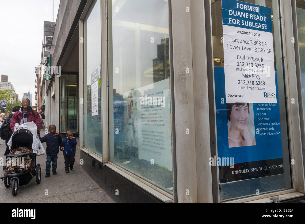 New York, NY, USA 24 April 2017 - A former Duane Reade with the company logo and sign removed continues to attract customers. The regional ever present pharmacutical chain known for having a shop on every other block in the New York City Metropolitan area, began closing some of it's locations this year.  In some instances the parent company, Walgreen's Boots Alliance, cited expiring leases but in this Greenwich Village outlet the company is offering to sublease the space. ©Stacy Walsh Rosenstock Stock Photo