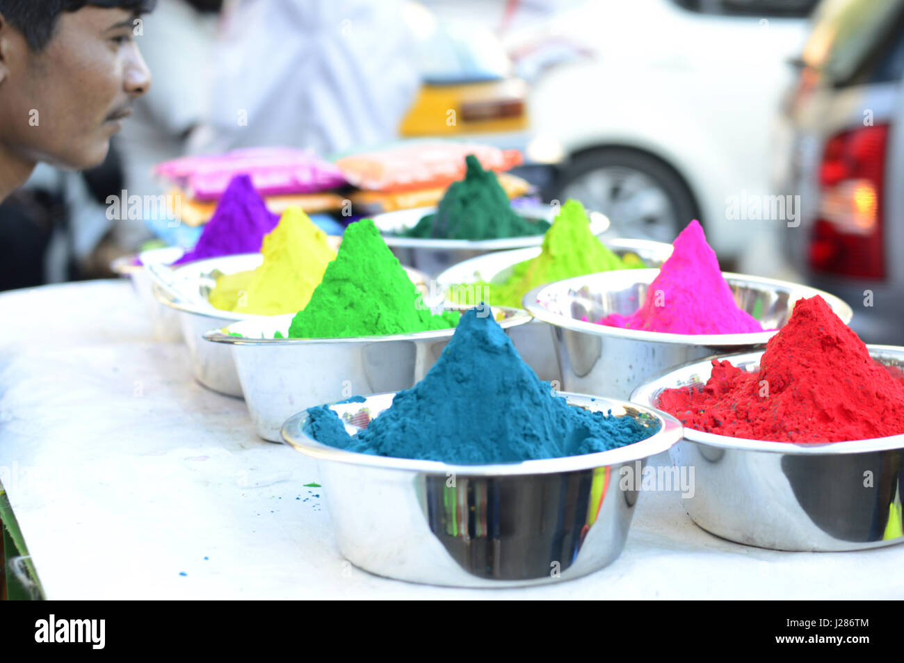 Dry Holi colored powder for sale in Pune, Maharashtra Stock Photo