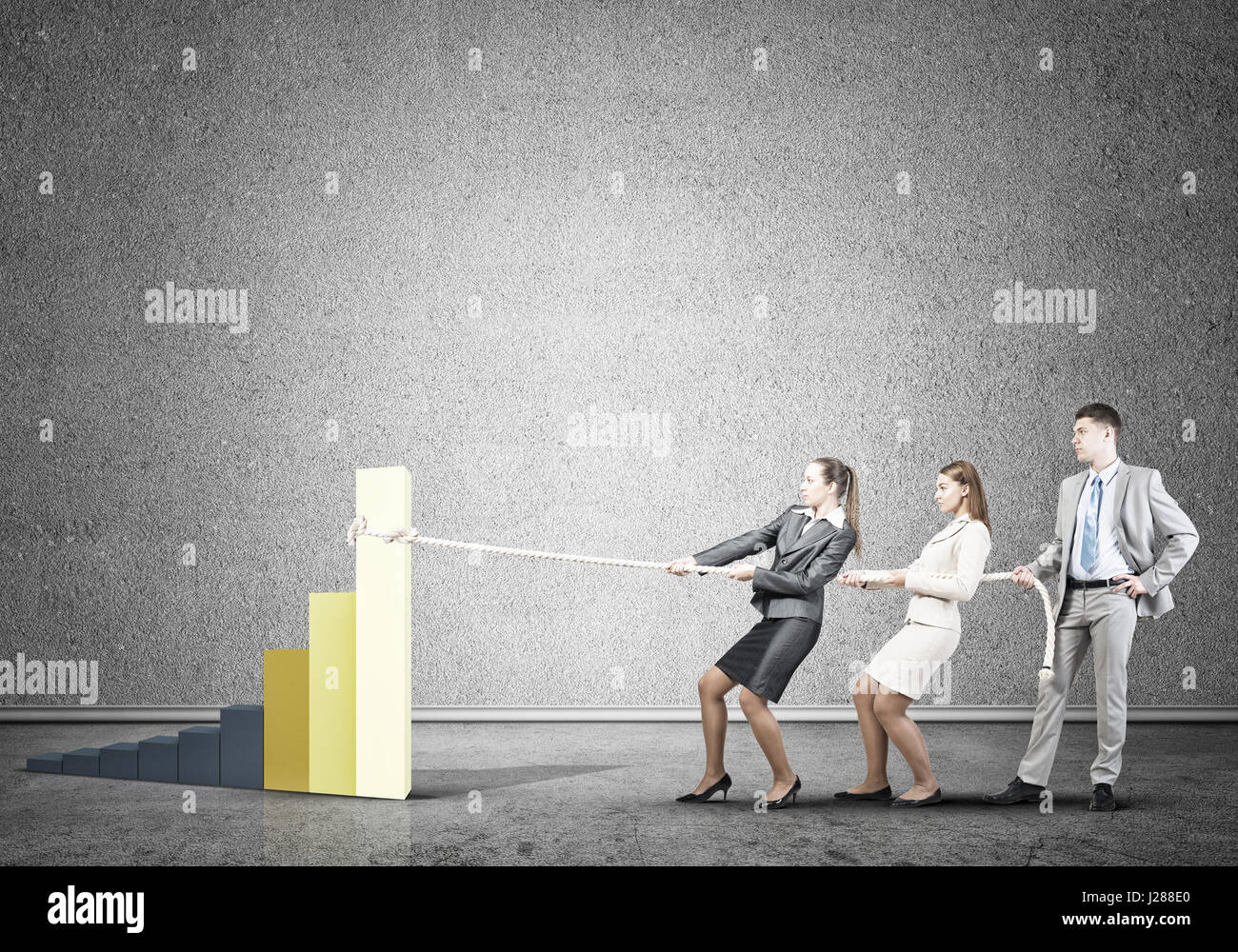 Businessteam working in collaboration pulling graph with rope as symbol ...