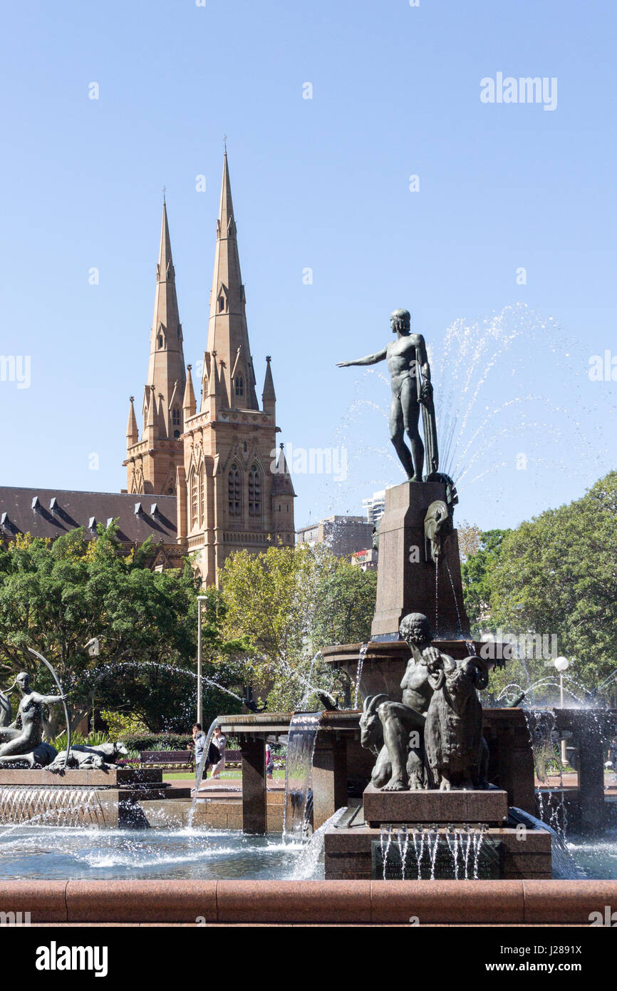 The Archibald fountainand St Mary's Cathedral, Hyde Park, Sydney, New South Wales, Australia Stock Photo