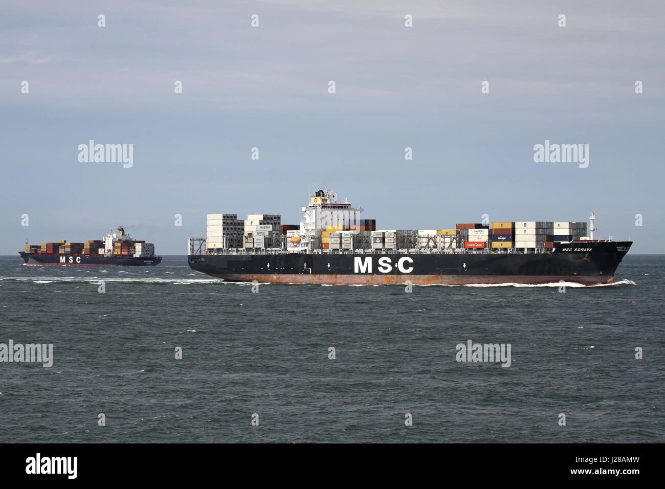 MSC SORAYA and MSC CLAUDIA at Sea. MSC is the world's second-largest shipping line in terms of container vessel capacity. Stock Photo