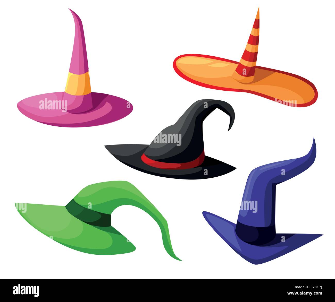 Hat of the sorcerer conjurer Witch hats halloween with straps and buckles set halloween. Vector illustration isolated on white background. Stock Vector