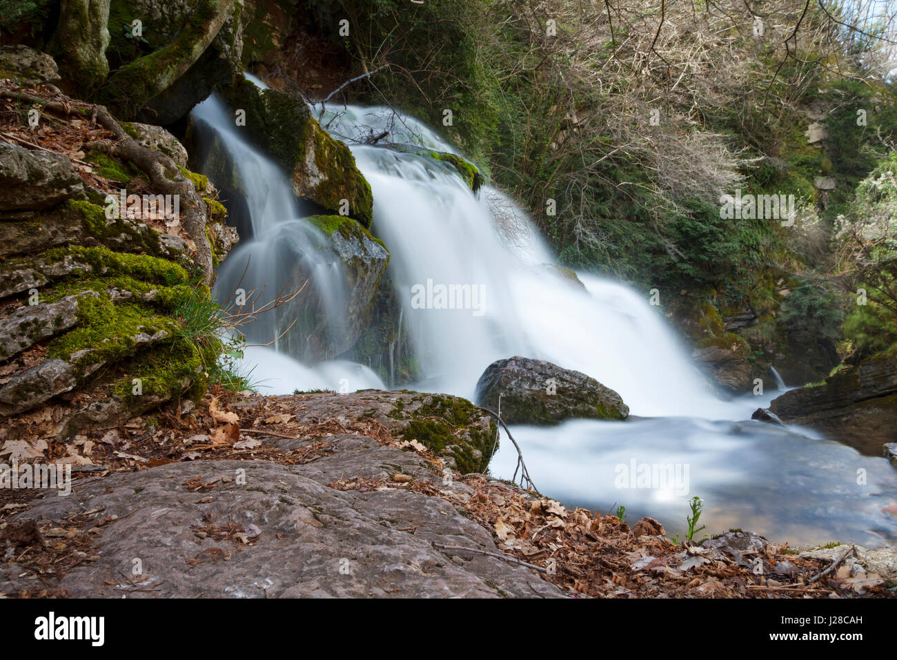 Waterfall in a river source, water flowing with power Stock Photo