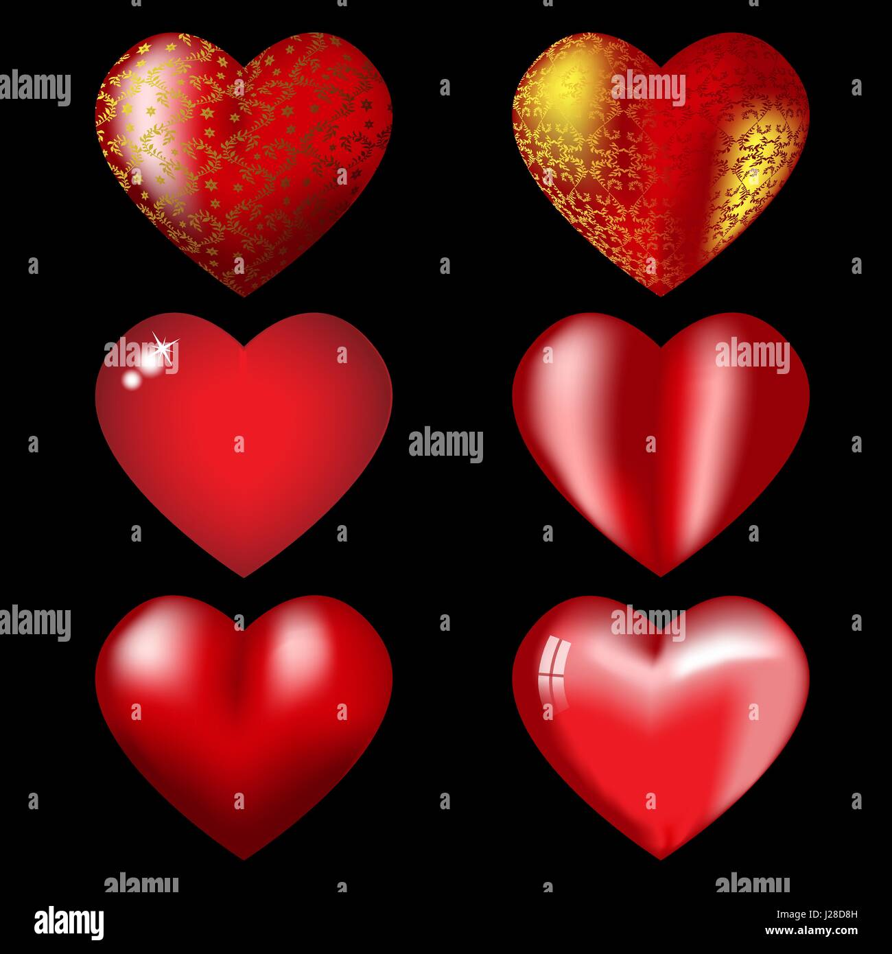 Set of volume red hearts with reflections and pattern on a black ...
