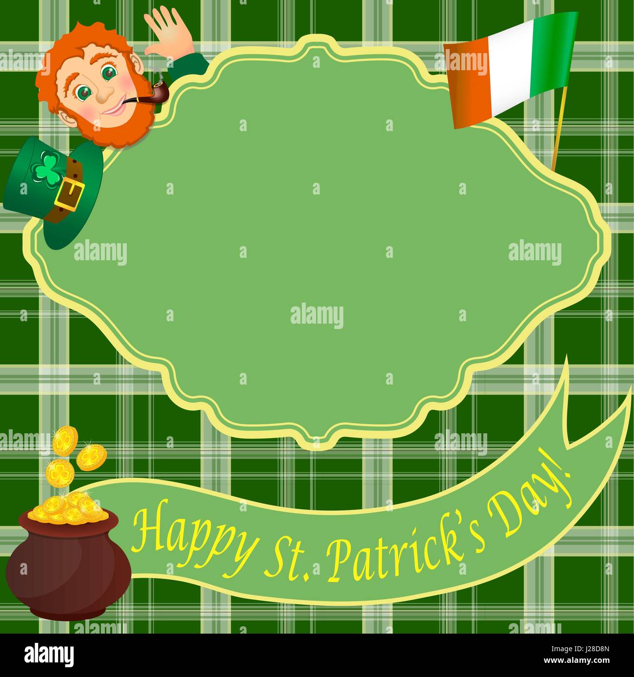 Postal card with leprechaun, Shamrock, Irish flag and gold coins on the background of the Irish cells. Gold lettering on green ribbon Stock Vector
