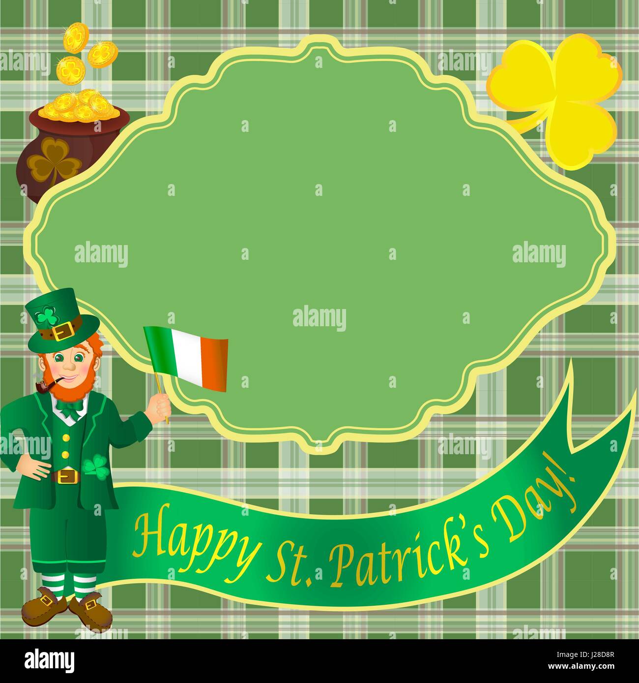 Postal card with leprechaun, Shamrock, Irish flag and gold coins on the background of the Irish cells. Gold lettering on green ribbon Stock Vector