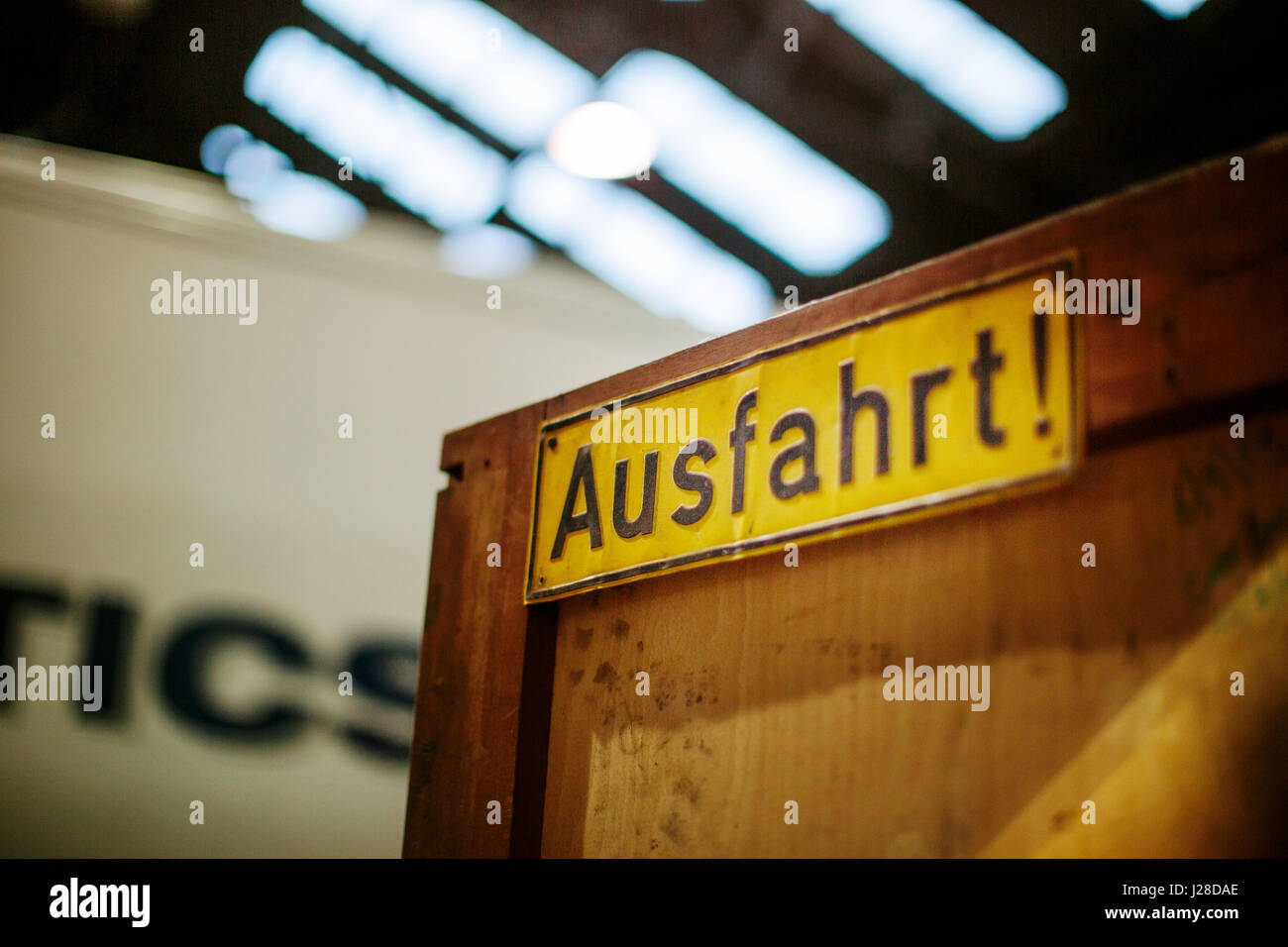 Ausfahrt Sign in a haulage company warehouse in Northern England Stock Photo