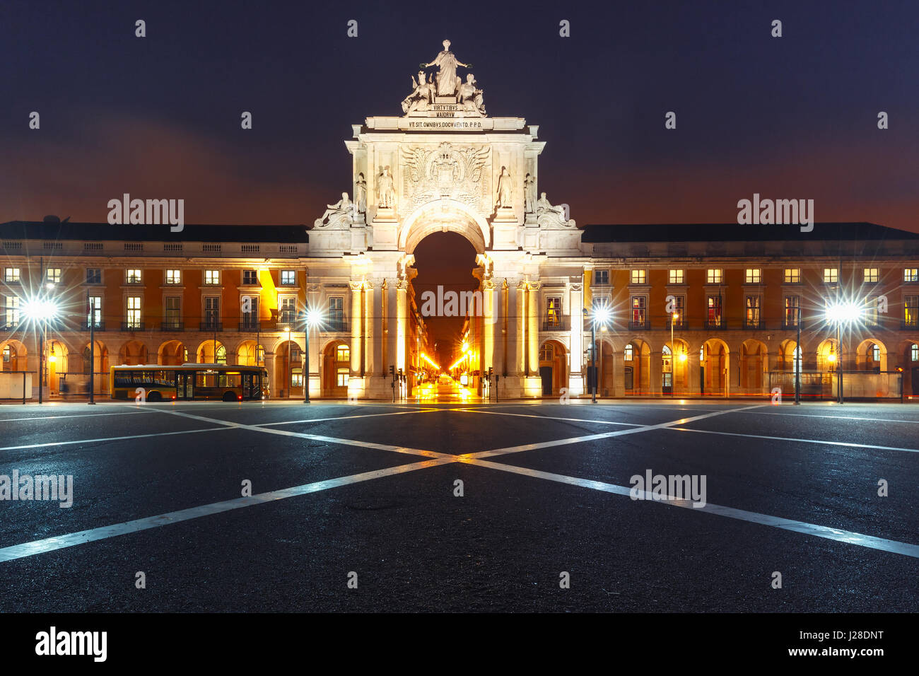Commerce Square at night in Lisbon, Portugal Stock Photo