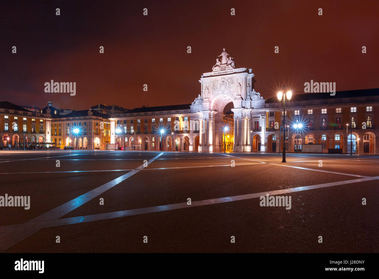 Commerce Square at night in Lisbon, Portugal Stock Photo