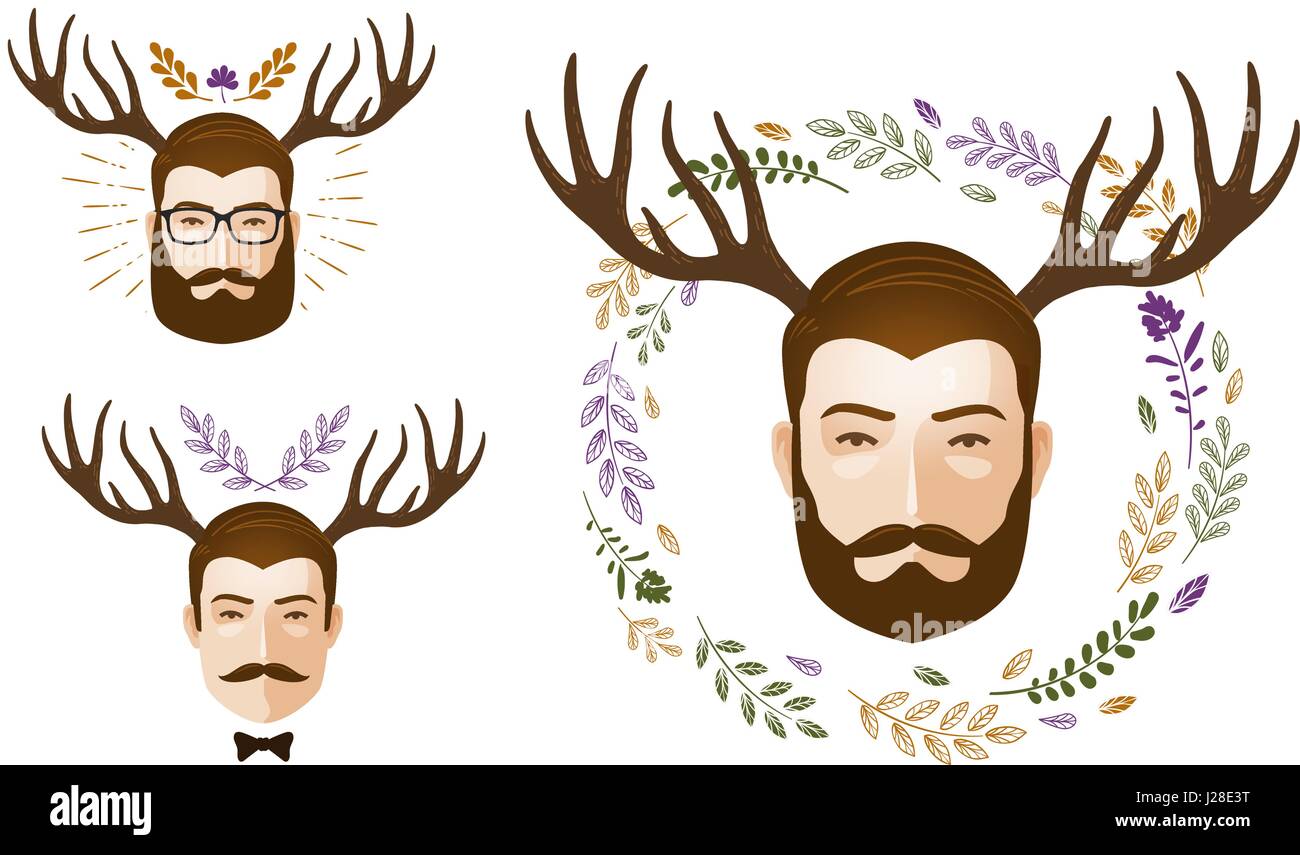Portrait of man and deer antlers. Surrealism vector illustration Stock Vector
