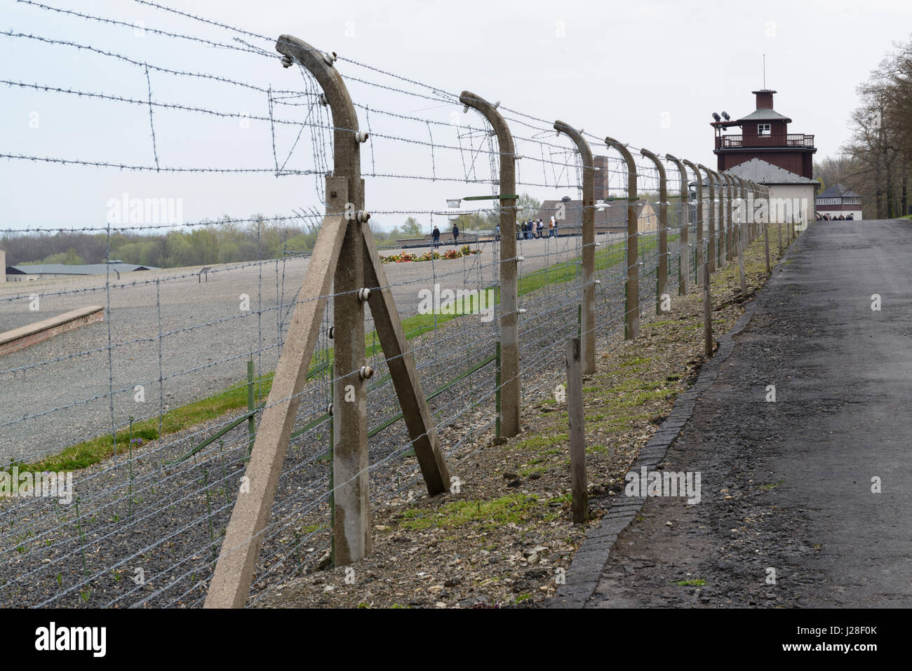 The camp fence around Buchenwald concentration camp memorial near Weimar, Germany. Stock Photo