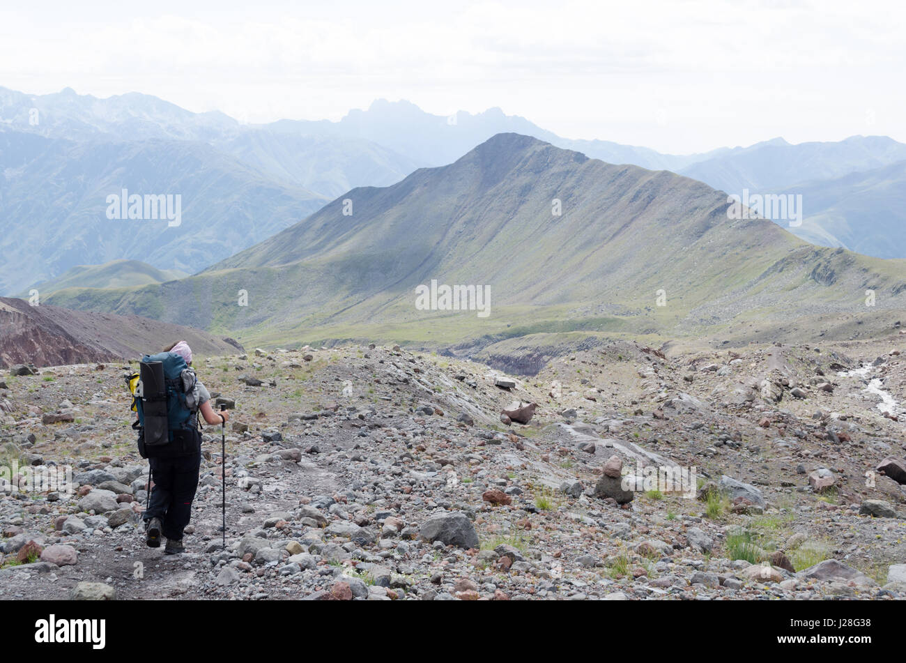 Georgia, Mzcheta-Mtianeti, Stepanzminda, Kazbegtour, descent from Meteostation, after the glacier Stock Photo