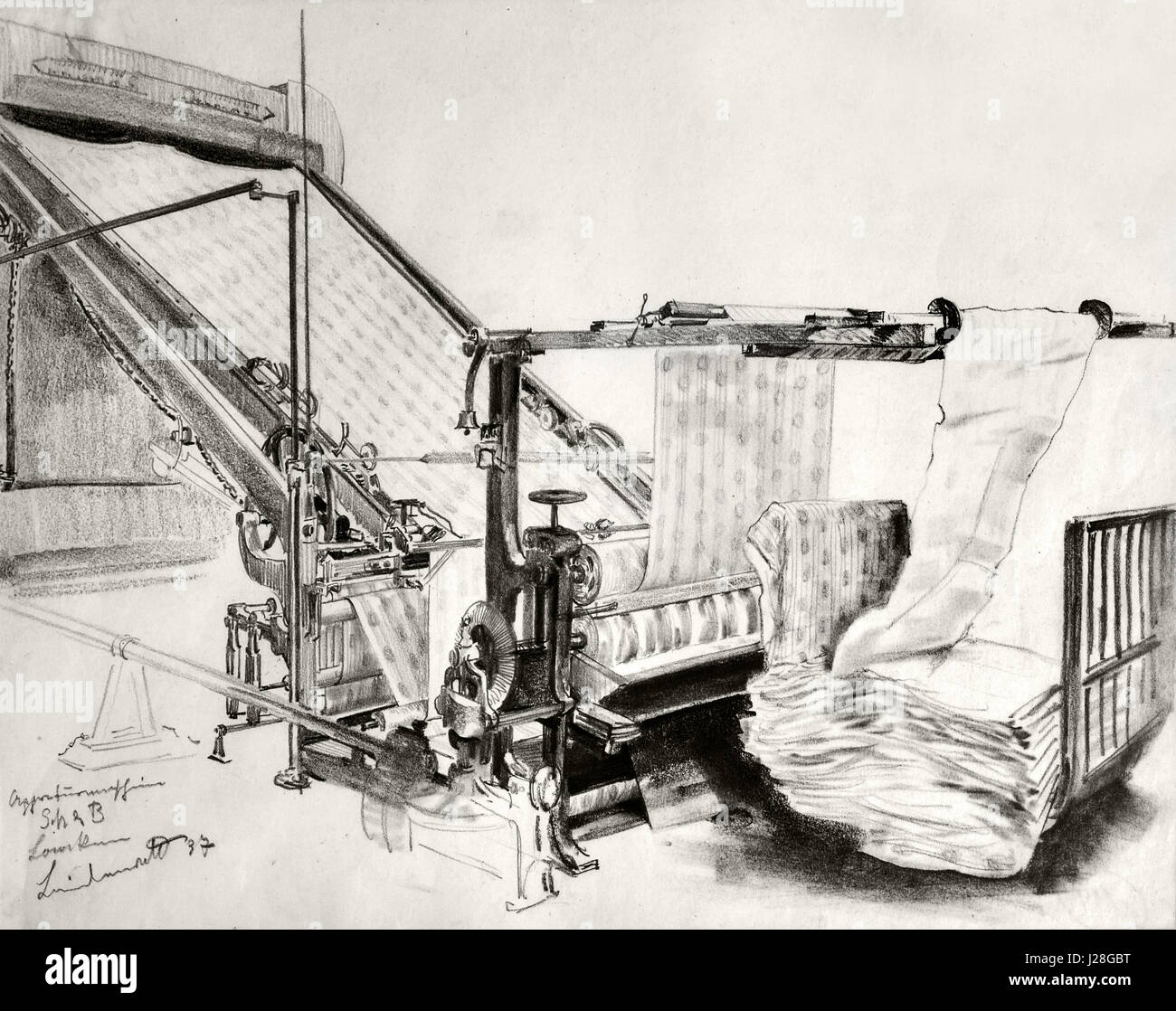 On the finishing machine the fabric is impregnated SCH & B 1937 German weaving industry 1920 -1950  Germany Stock Photo
