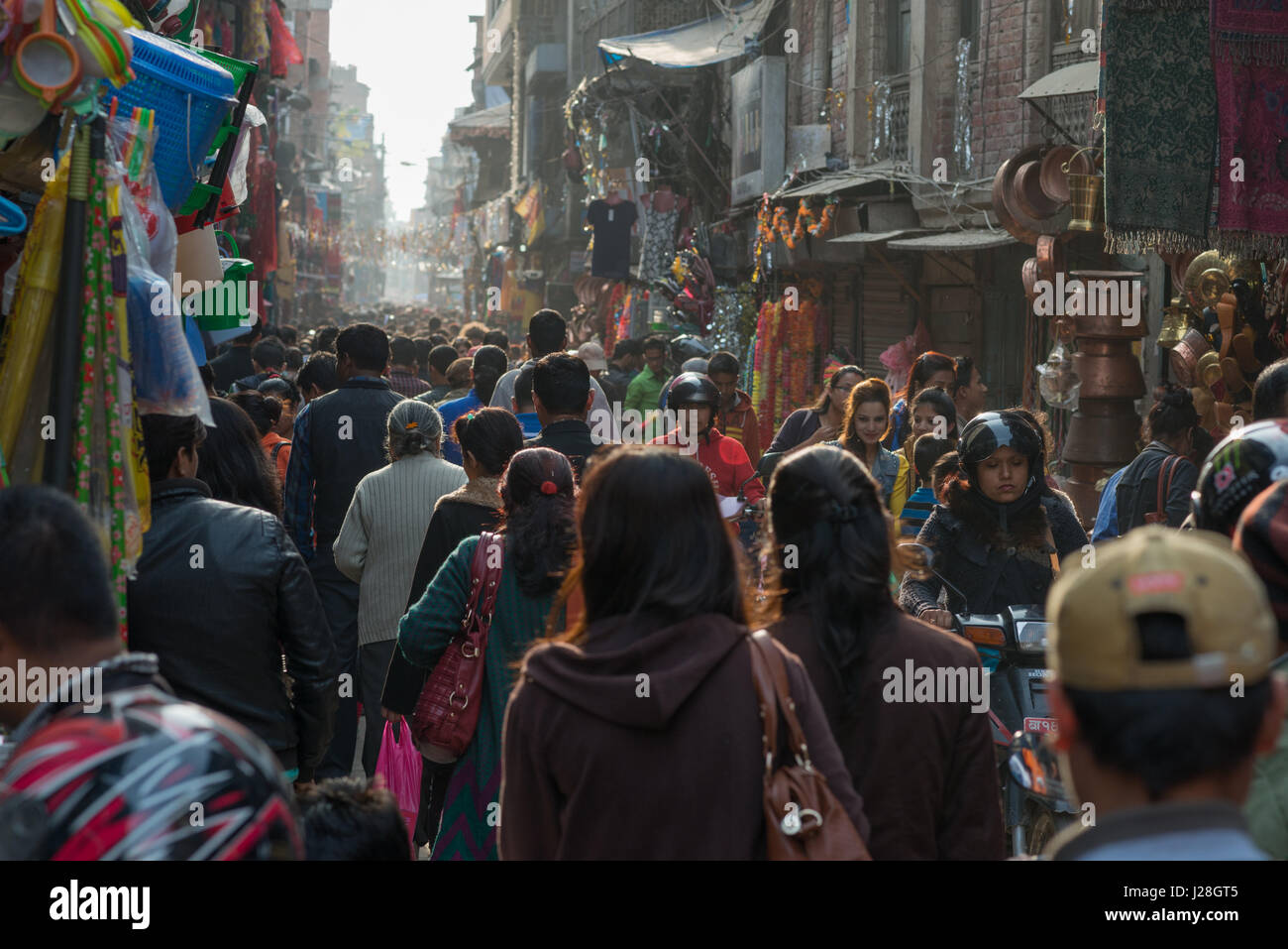 Nepal, Central Region, Kathmandu, Overcrowded shopping street in the