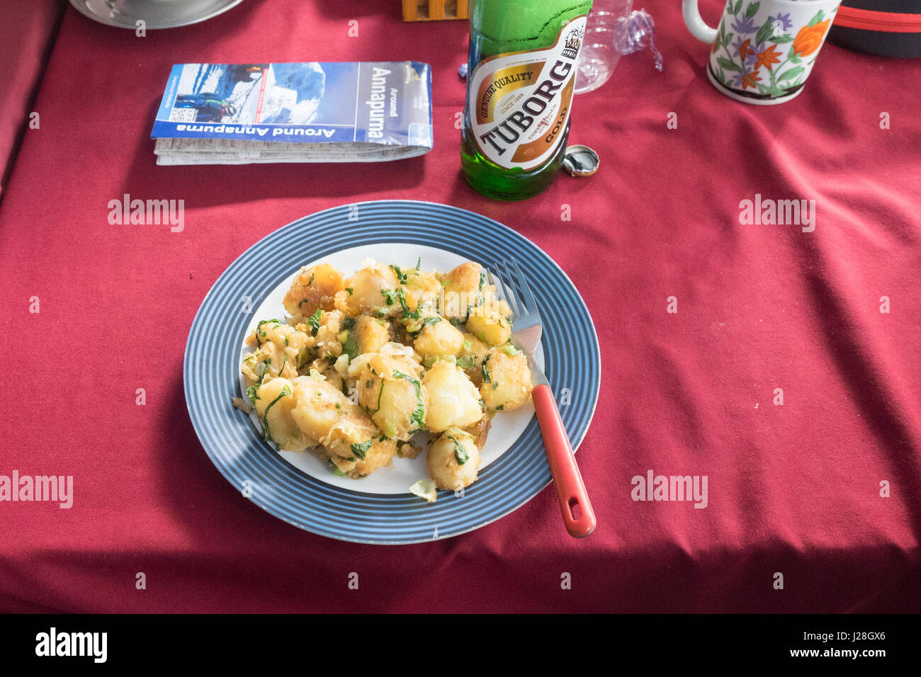 Nepal, Western Region, Syange, On the Annapurna Circuit - Day 1 - From Bhulbhule to Jagat - Delicious meal with beer for lunch at Syange Stock Photo