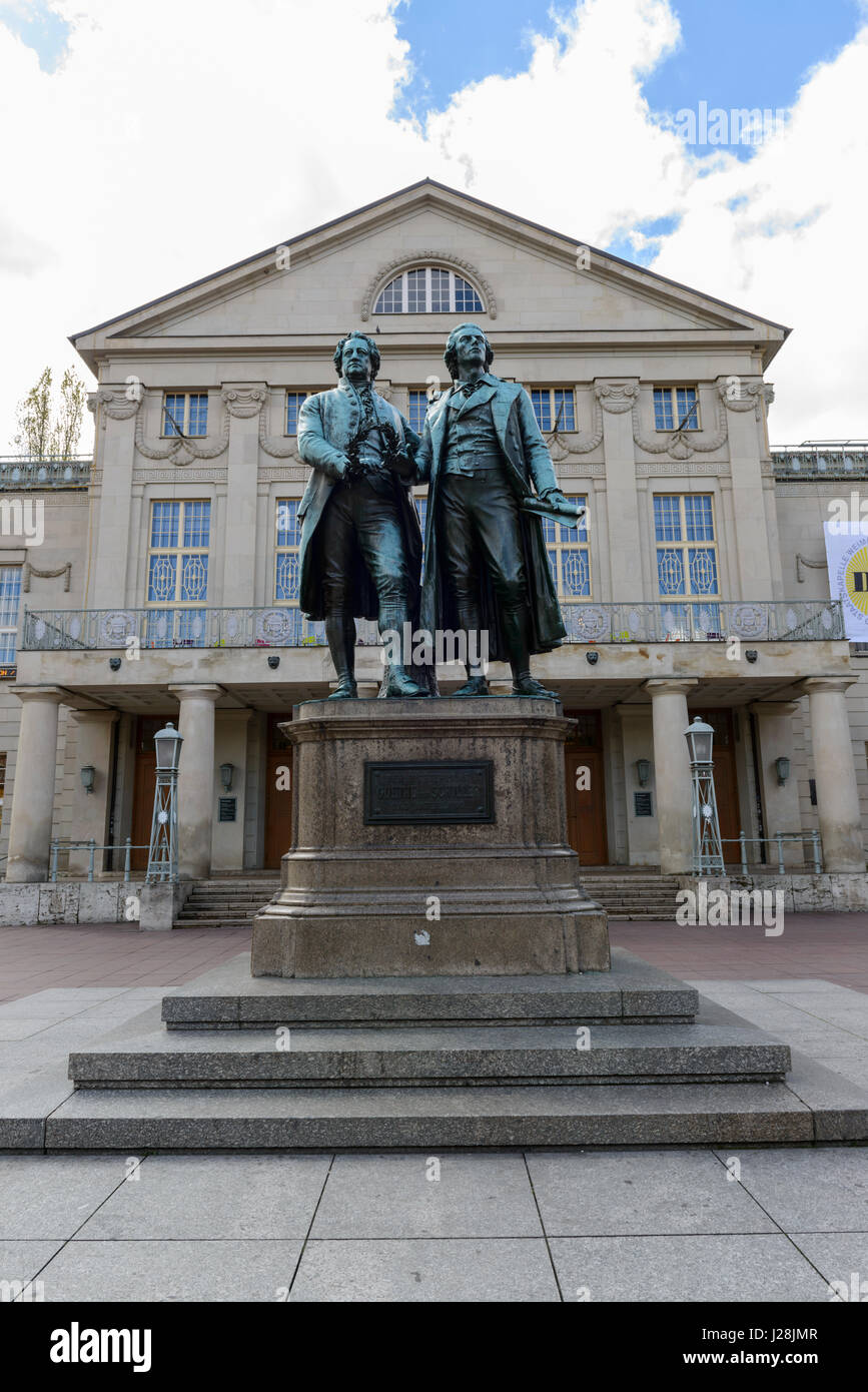 The Goethe - Schiller Monument in front of the Court Theater , Weimar, Germany. Stock Photo