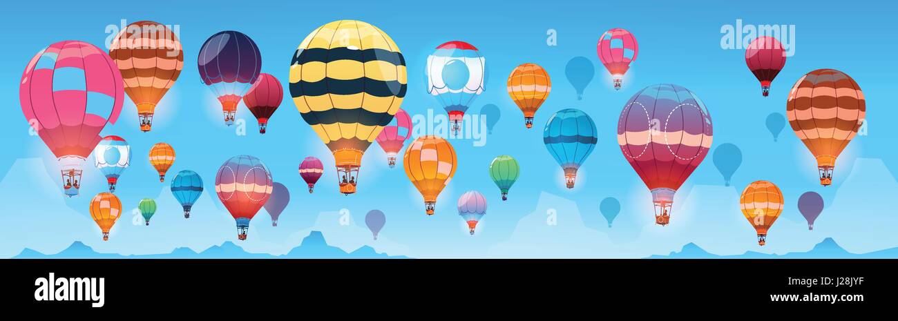 Colorful Air Balloons Flying In Day Sky Banner Stock Vector