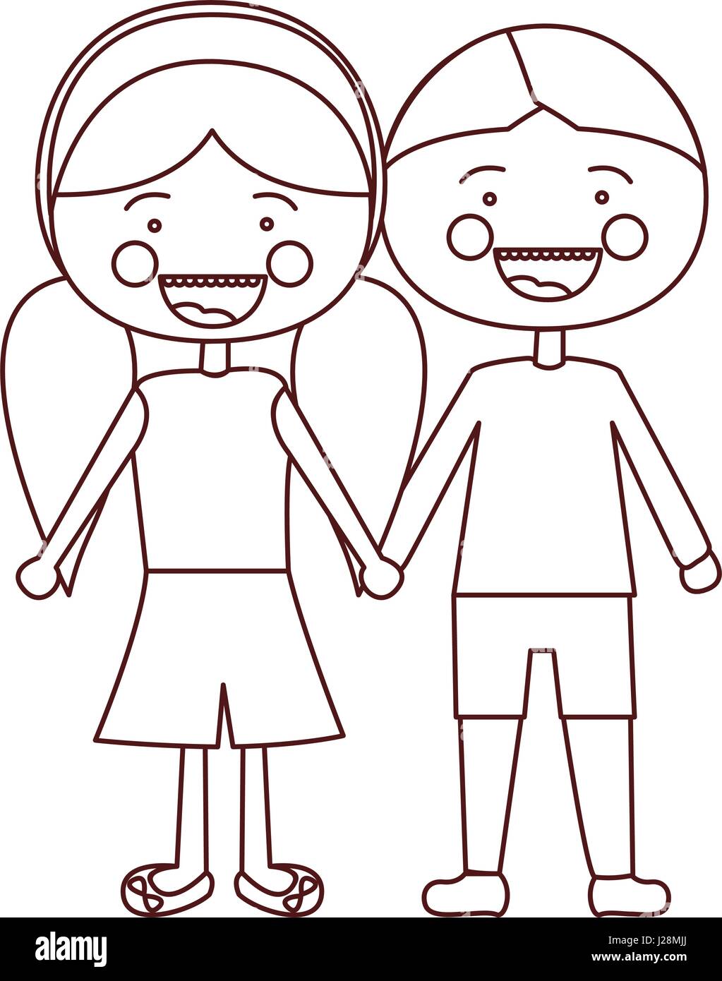 Sketch Contour Smile Expression Cartoon Boy Hair And Girl Pigtails Hairstyle With Taken Hands Stock Vector Image Art Alamy