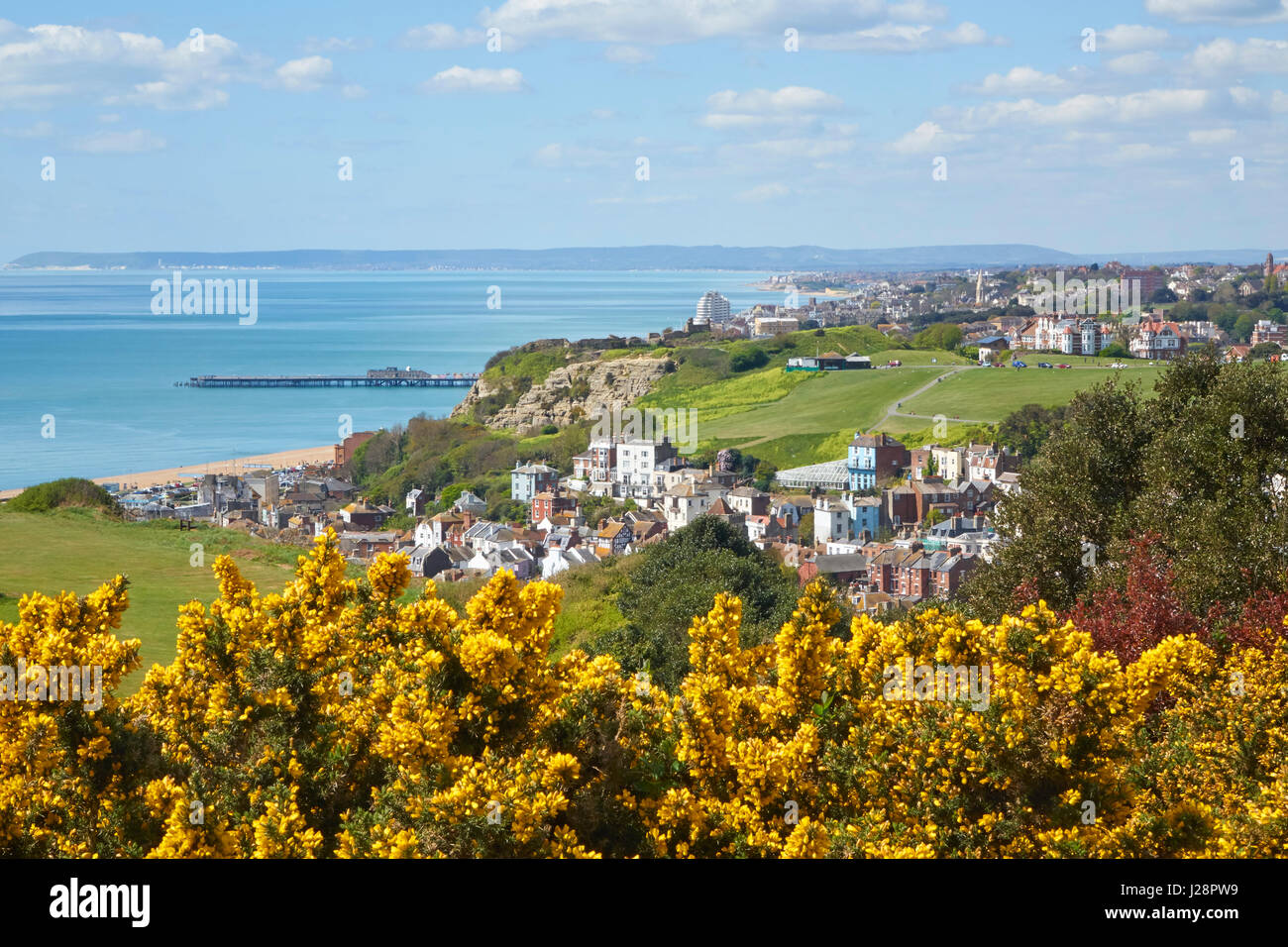 View over Hastings Old Town from East Hill Country Park to West Hill with the pier, St Leonards