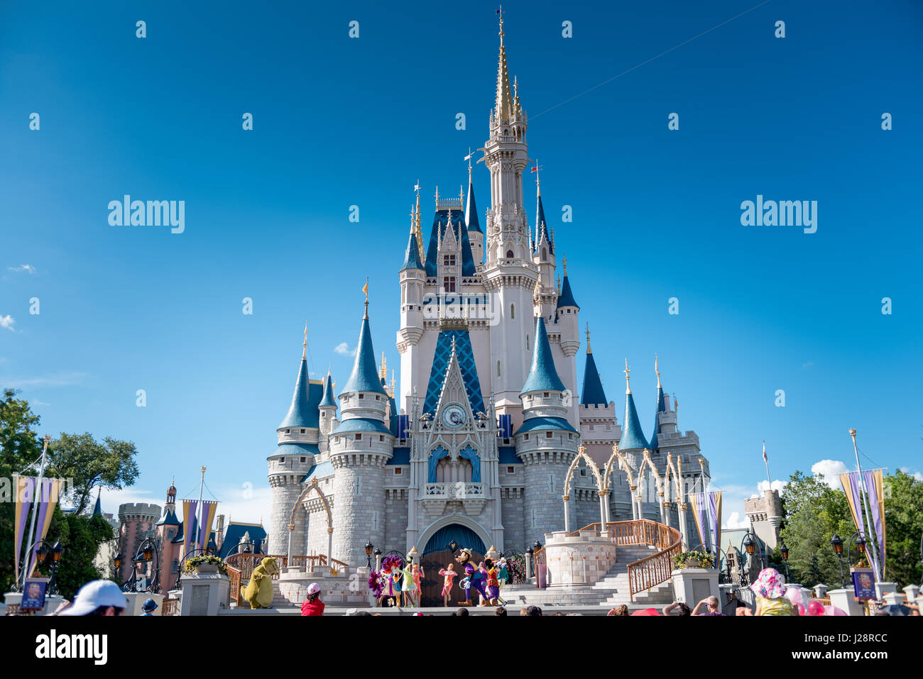 Mickey and friends performs in front of Cinderella Castle in Magic Kingdom, Disney World. Stock Photo