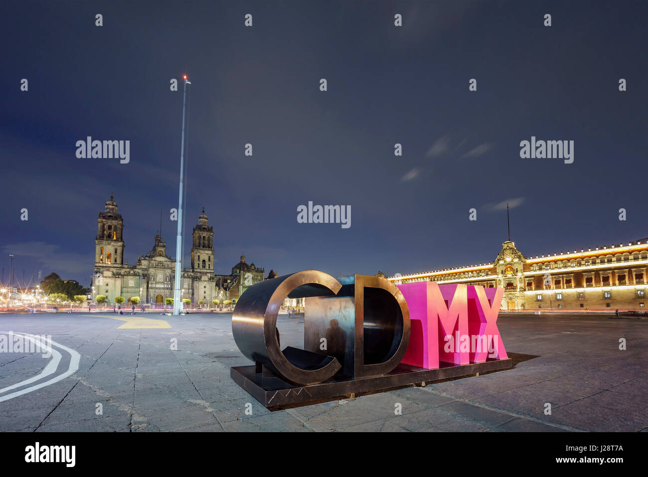 Night view of the big CDMX art word at Zocalo, Mexico City Stock Photo
