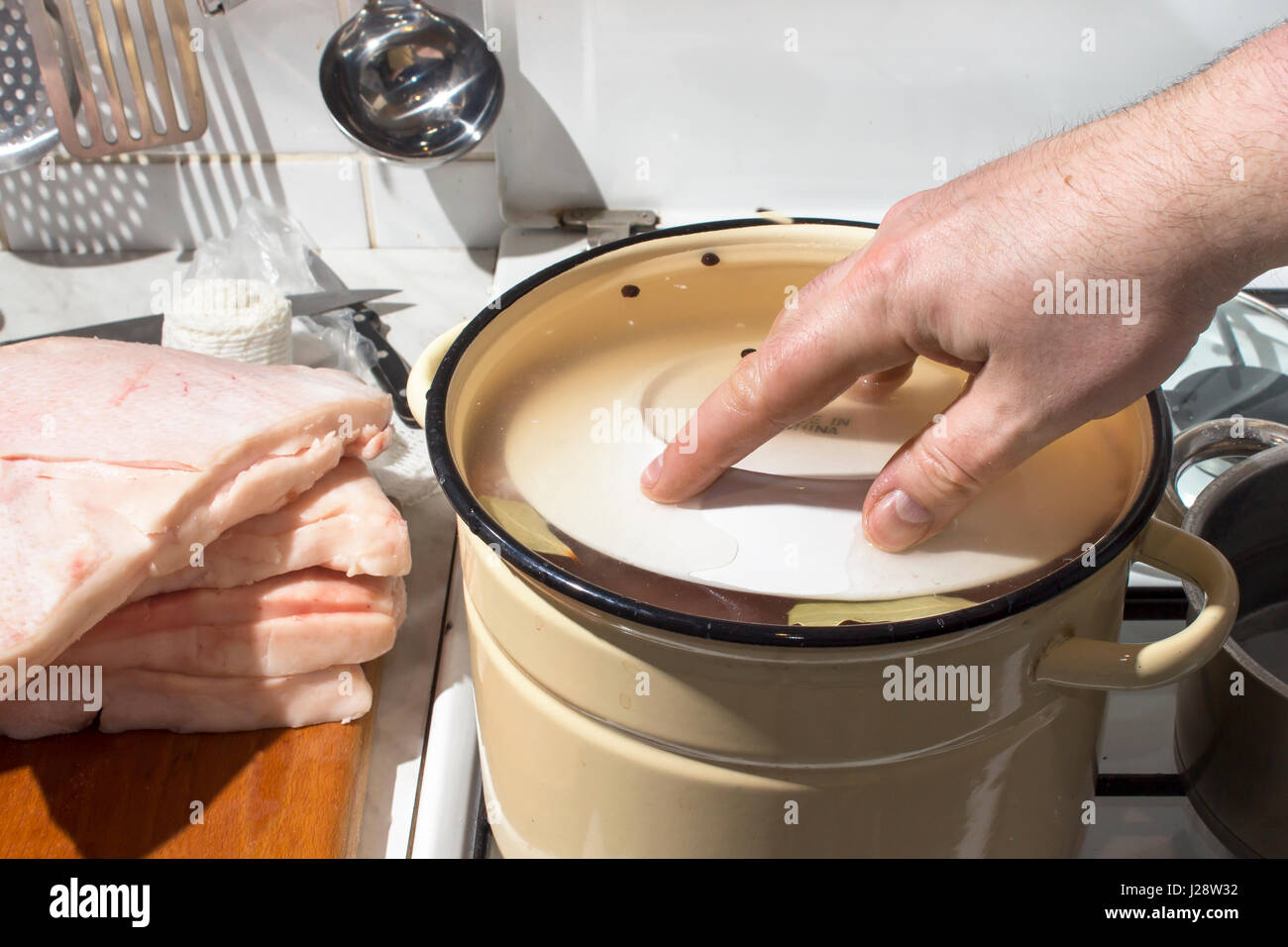 Preparation raw meat for smoking. Pork neck meat and bacon. Picking raw