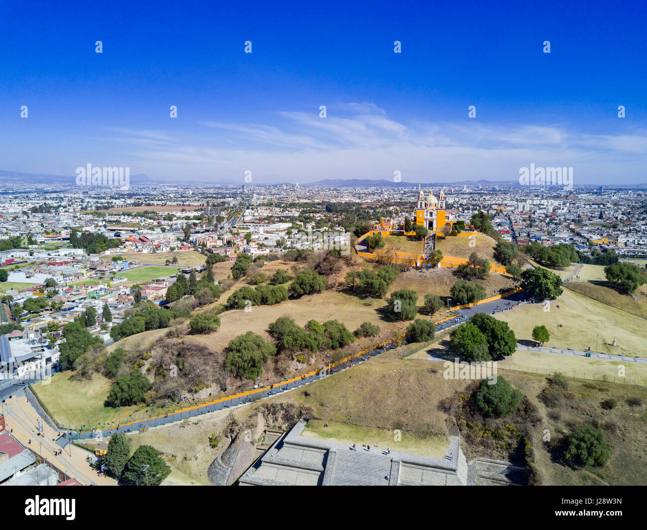 Afternoon aerial view of the famous Pyramid of Cholula, Mexico Stock Photo