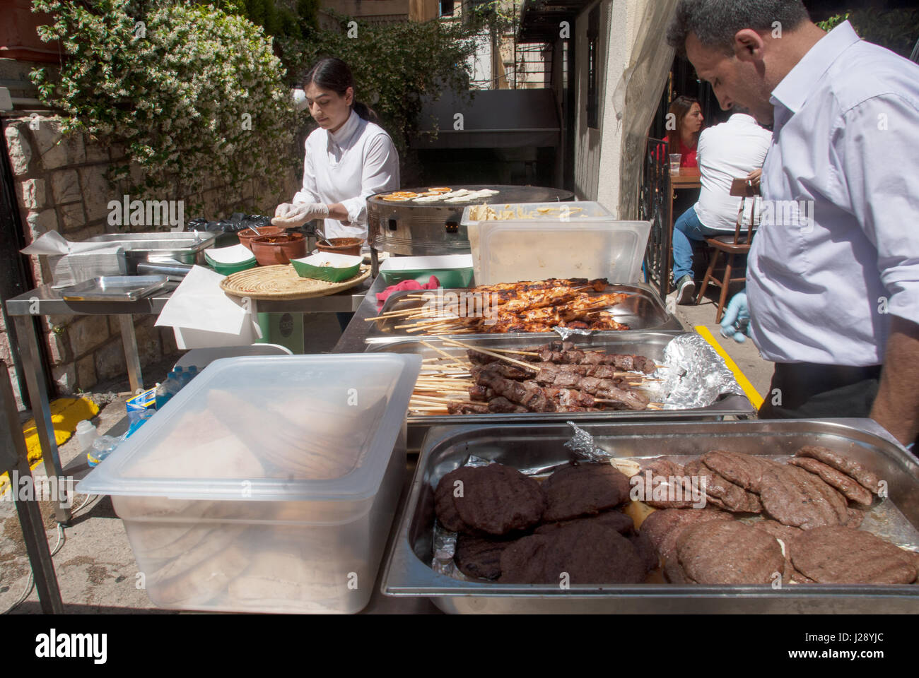 Beirut restaurant on Sunday making Barbecue to serve lunch break Lebanon. Stock Photo