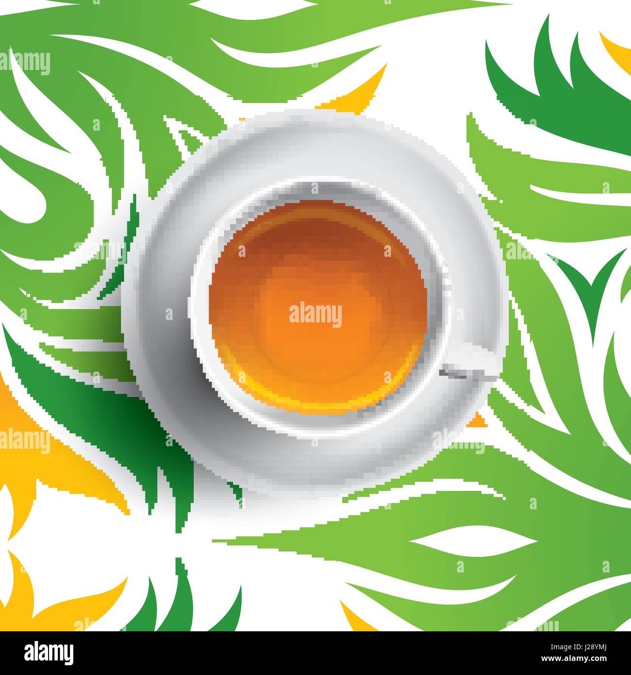Black tea cup vector illustration. Tea on floral green and yellow