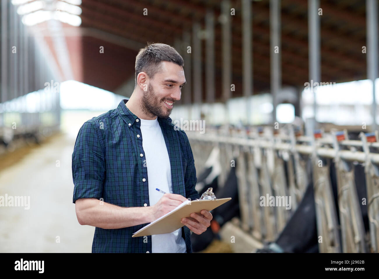 farmer with clipboard and cows in cowshed on farm Stock Photo - Alamy