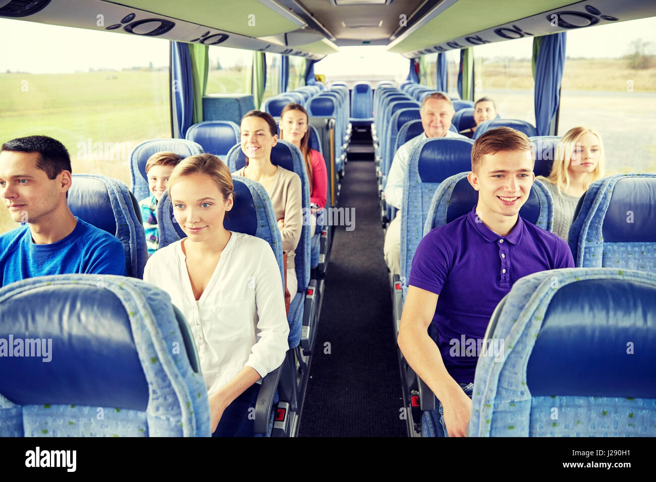 group of happy passengers in travel bus Stock Photo Alamy