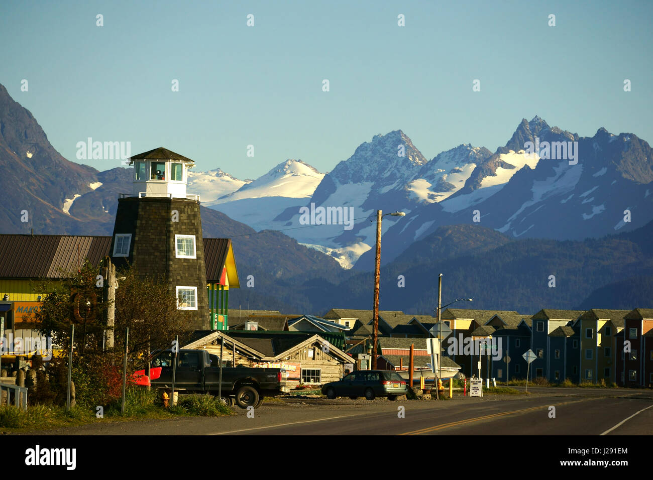 Homer Spit with Salty dawgh Saloon, Homer, Kenai Mountains, Kenai Peninsula Alaska Stock Photo