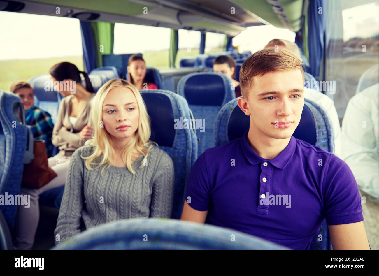 couple or passengers in travel bus Stock Photo Alamy