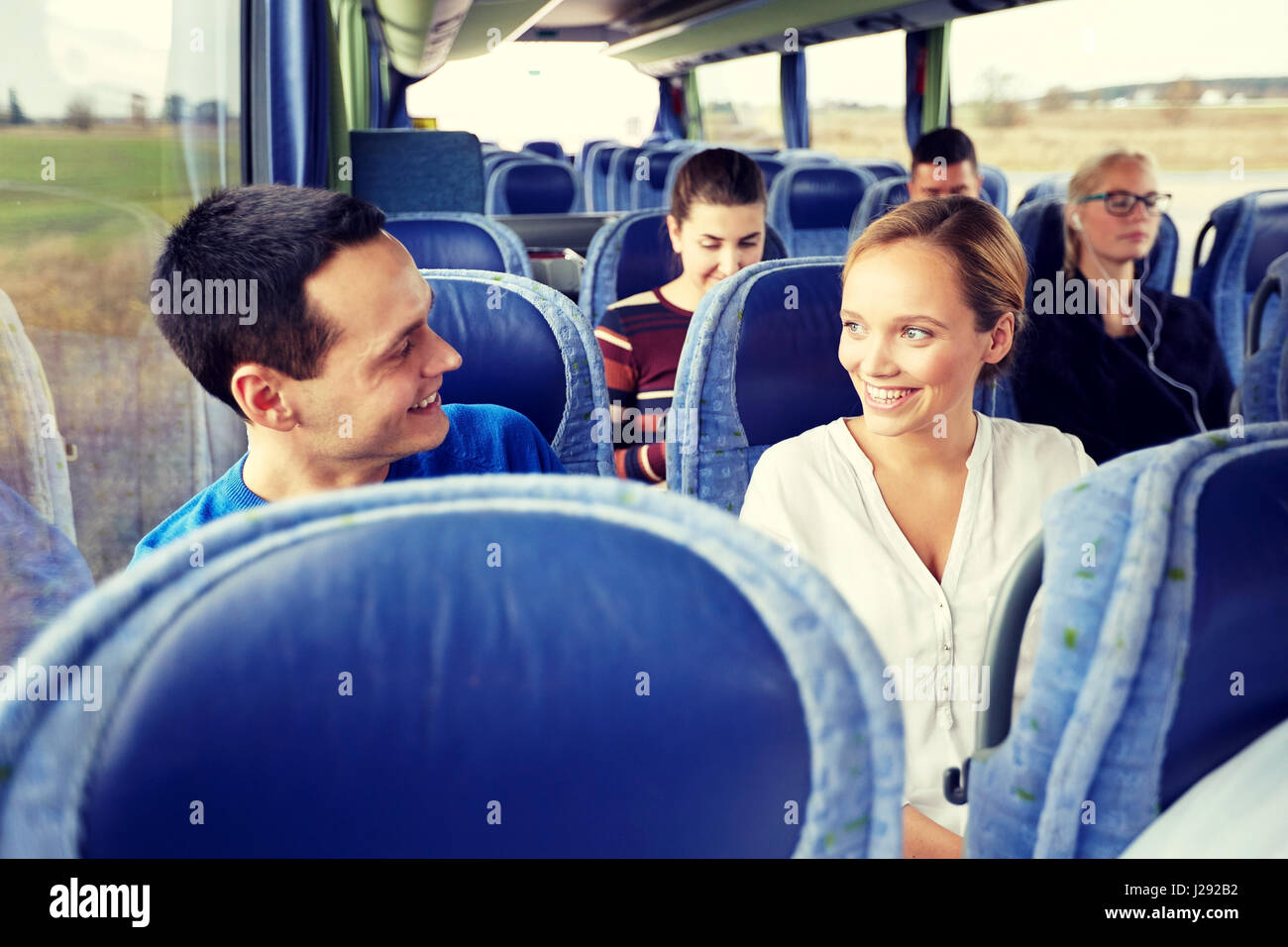 group of happy passengers in travel bus Stock Photo Alamy
