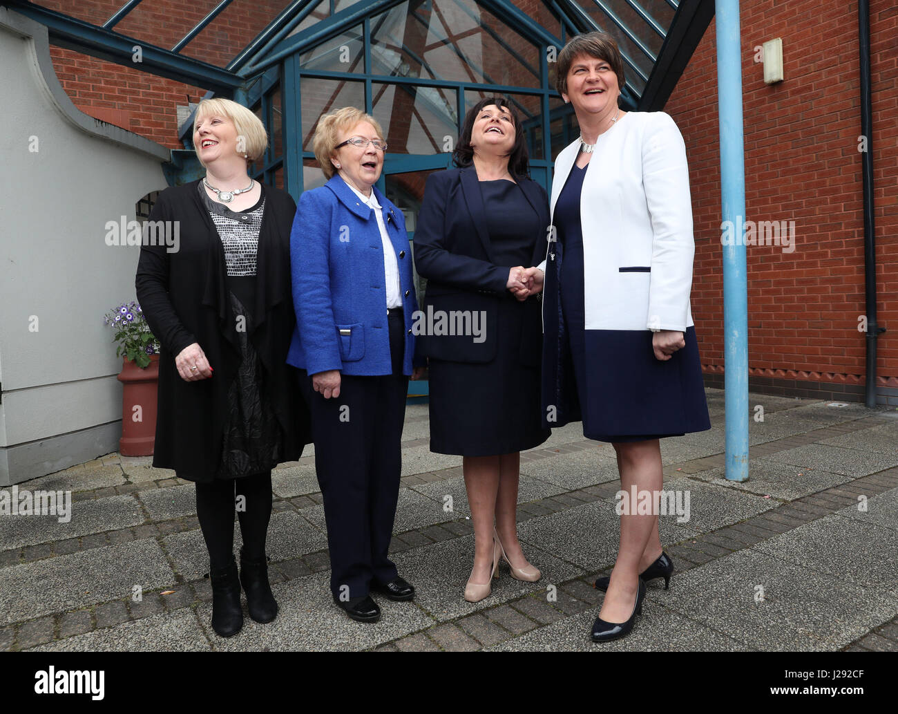 DUP leader Arlene Foster (right) meets Theresa McAllister (left), Deputy Principal Sister Francis (second left) and Principal Fiona McAlinden (second right), at Our Lady's Grammar School in Newry. Stock Photo