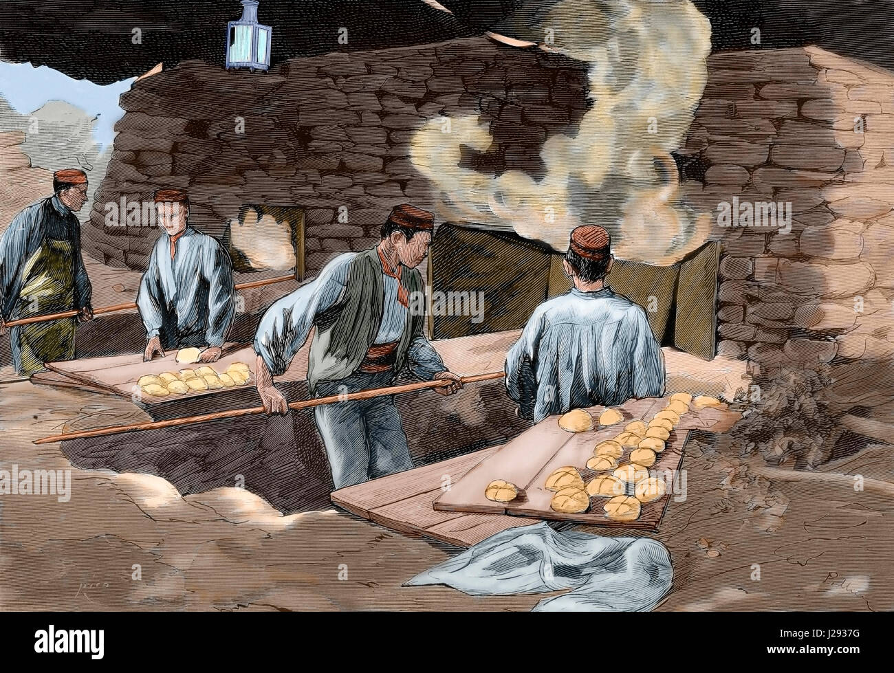 Spain. Third Carlist War (1872-1876). Navarre. Oteiza. Campaign ovens set up by the military administration. Breadmaking. Engraving in 'The Spanish and American Illustration', 1875. Colored. Stock Photo