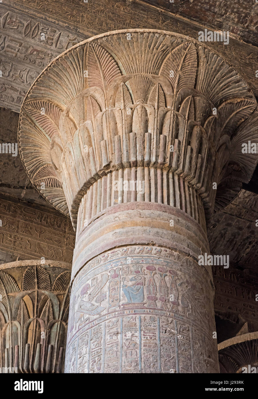 Columns in the ancient egyptian temple of Khnum at Esna with painted ...