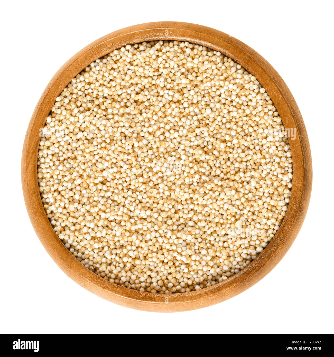 Puffed amaranth in wooden bowl. Popped grains of Amaranthus. Pseudocereal and rediscovered healthy staple food of the Aztec. Breakfast cereal. Stock Photo
