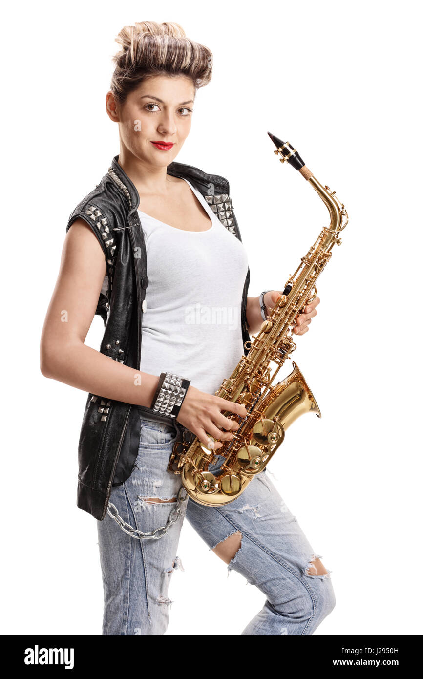 Female street performer with a saxophone isolated on white background Stock Photo