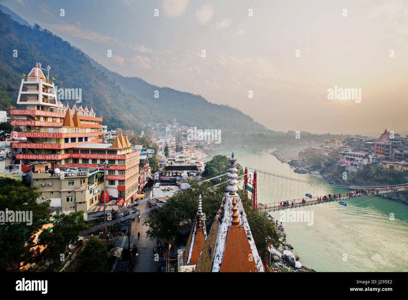 Rishikesh India by the Ganges River view from above over the bridge Stock Photo