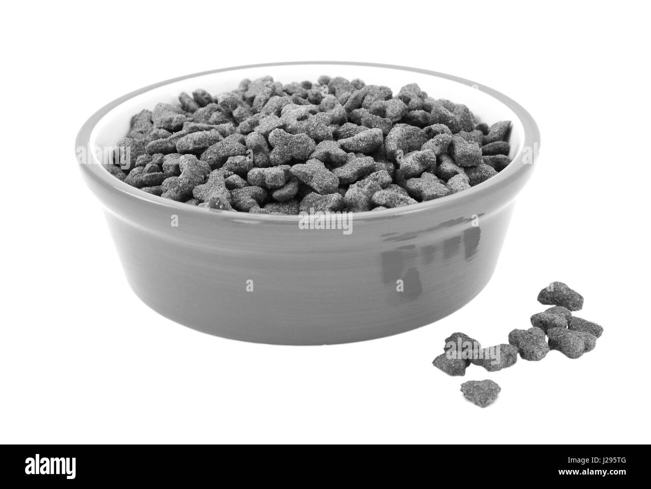 Dry cat food in a bowl, some biscuits spilled beside, isolated on a