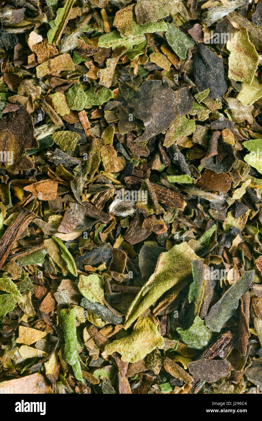 Close-up photograph of leaves of Chinese White Tea. The image covers an area of 30mm x 20mm Stock Photo
