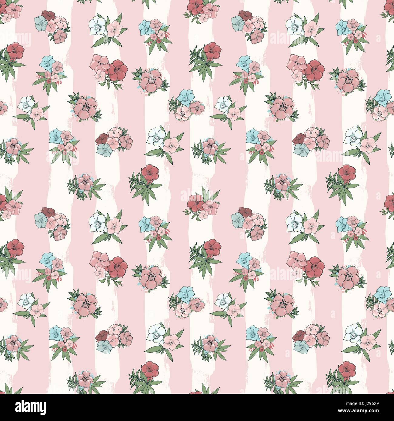 Vector seamless pattern. Exotic pink and blue flowers on striped ...